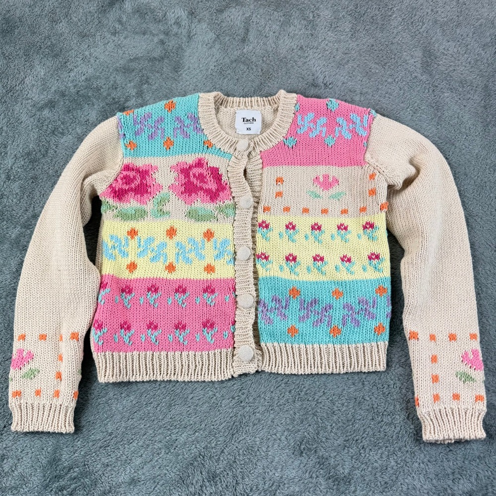 Tach Clothing Floral Patchwork Cotton Cardigan Sweater XS Embroidered Handmade